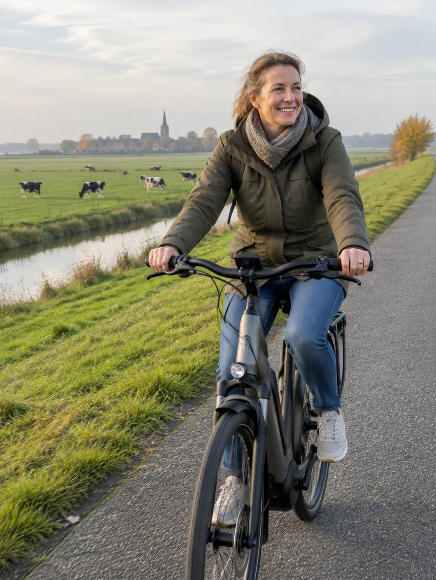 Sfeerbeeld: vrouw maakt een proefrit op een e-bike over een polderdijk
