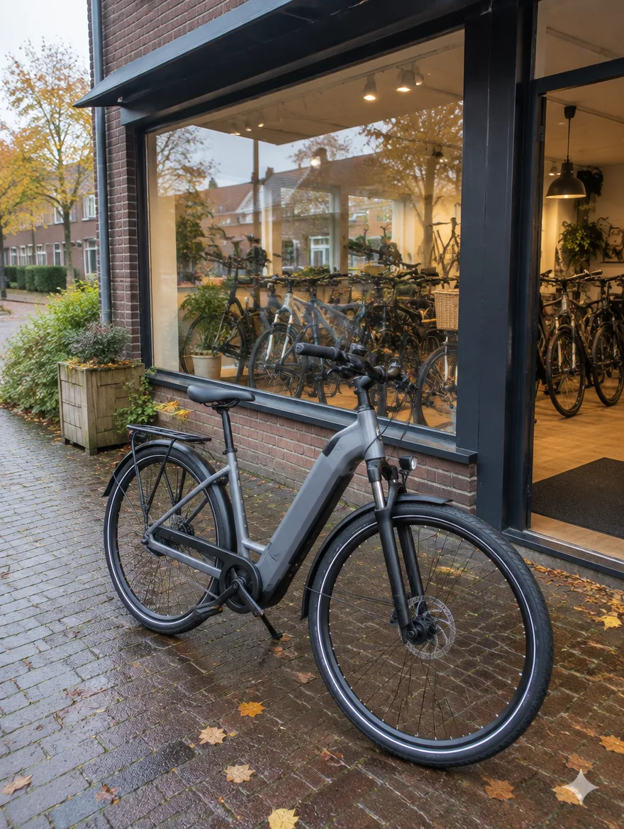 Sfeerbeeld: e-bike voor een fietsenwinkel in de herfst