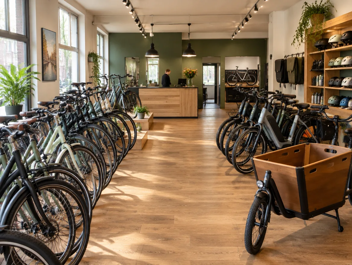 Sfeerbeeld: lichte fietsenwinkel met rijen stadsfietsen en e-bikes